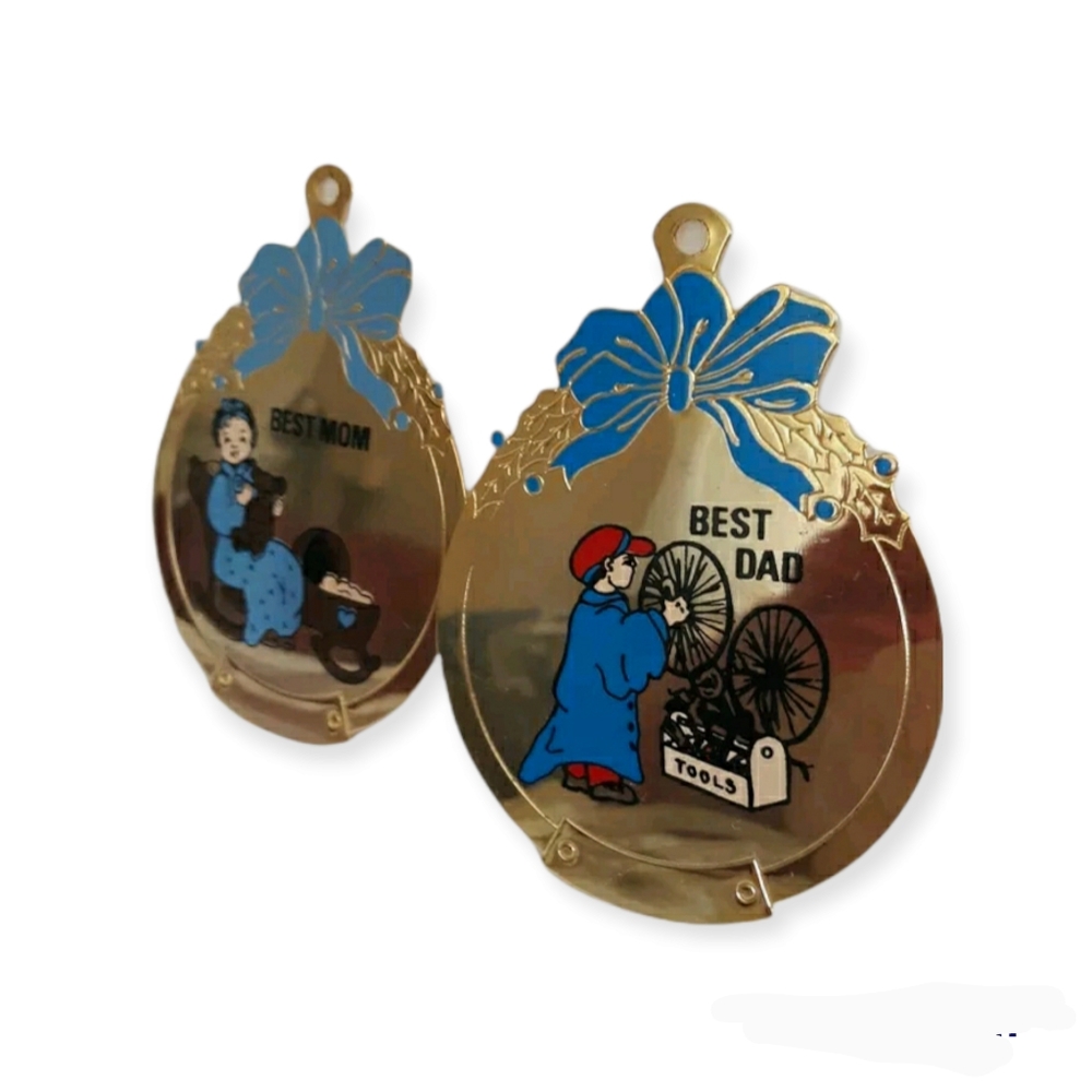 Vintage Gloria Duchin Brass Enamel Christmas Ornaments Set Best Mom Best Dad